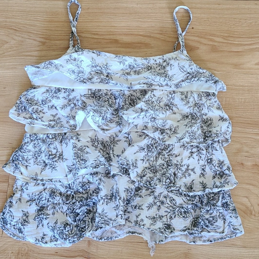 Black and white floral ruched tank